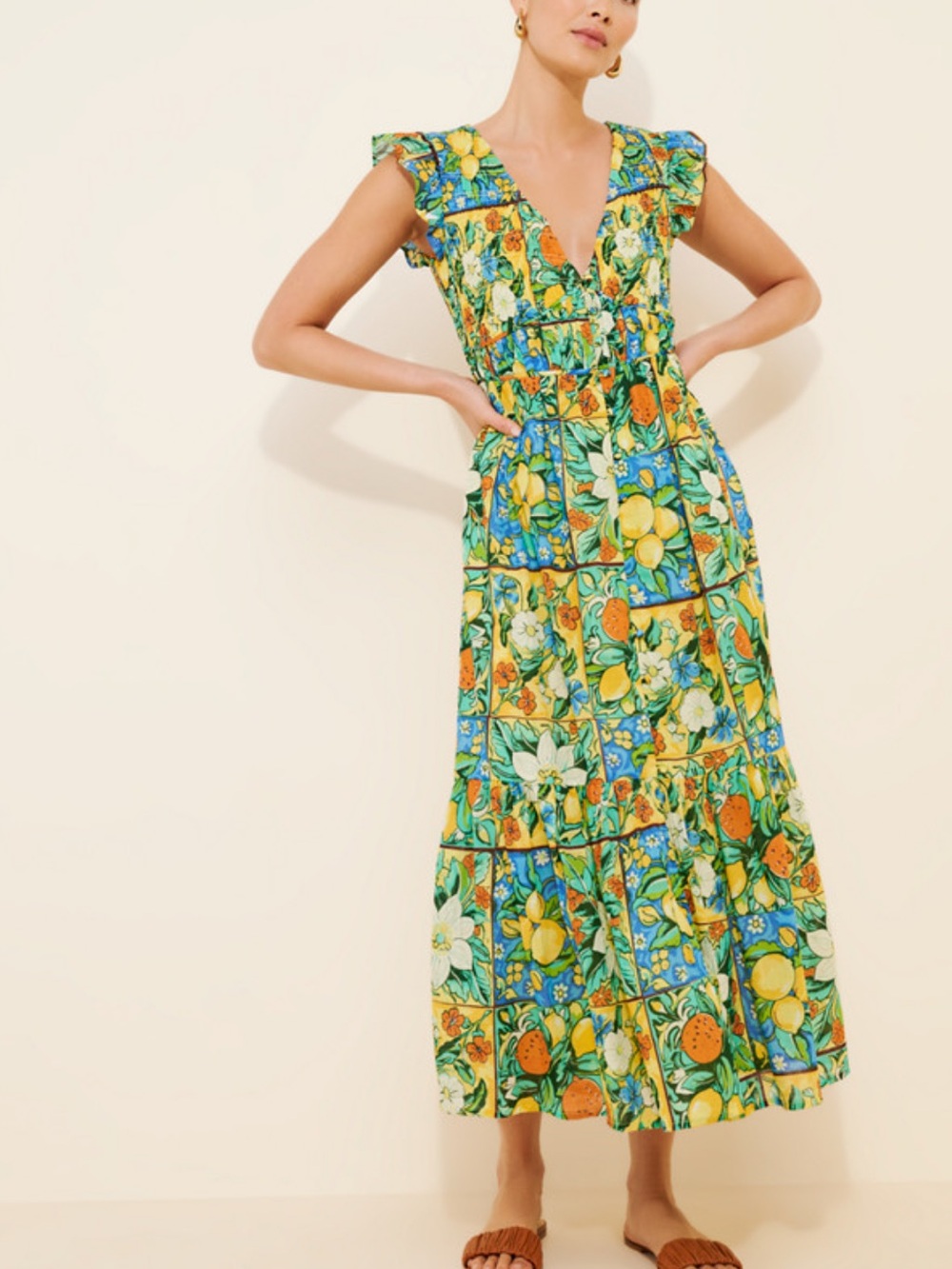 NWOT Anthropologie Peregine Flutter Sleeve Maxi Dress in lemon and floral print - Picture 1 of 13